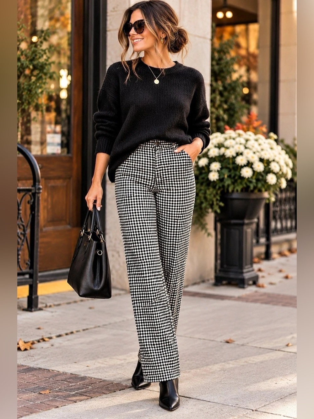 Talbots Flawless Velvet Feel Gingham Straight Leg Pants Black White 16